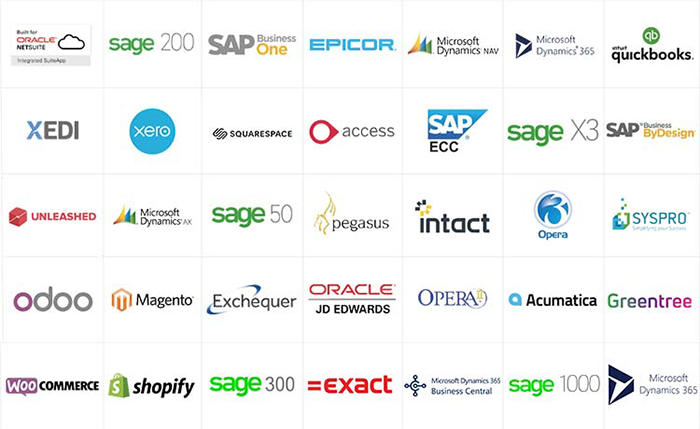 A list of various ERP systems including Sage 50, Sage 200, Sage X3, SAP Business One, Oracle, Unleashed, Xero, Acumatica, Microsoft Dynamics 365, Magento, and Quickbooks.