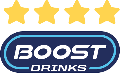 Boost drinks logo with 4 yellow stars above.