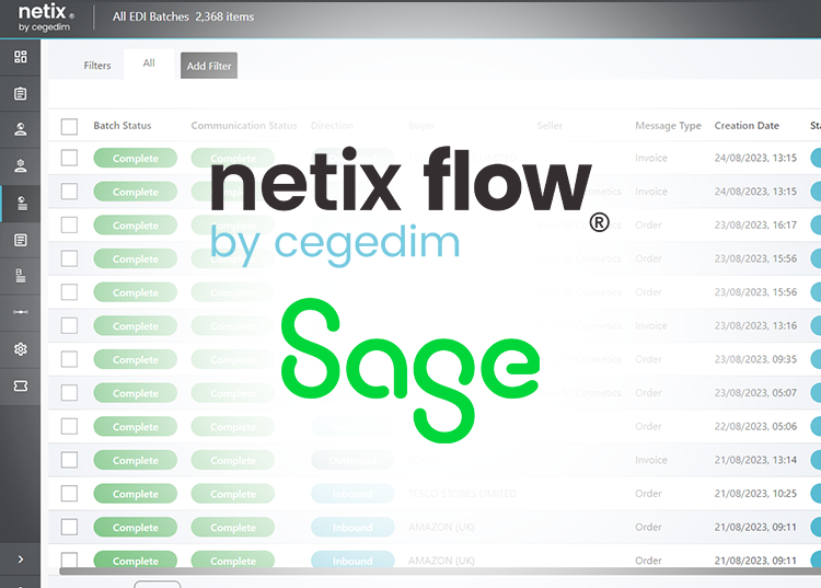 Netix Flow EDI platform displaying EDI batches integrated with Sage.