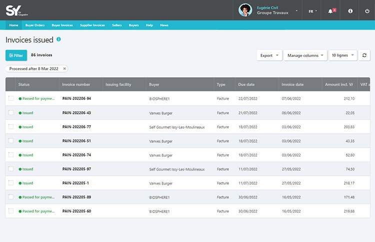 SY by Cegedim platform showing list of invoice documents