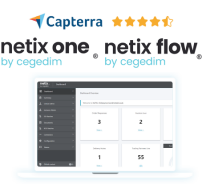 A laptop with the Netix Flow and Netix One logo above showing the 4.5 star rating from Capterra.